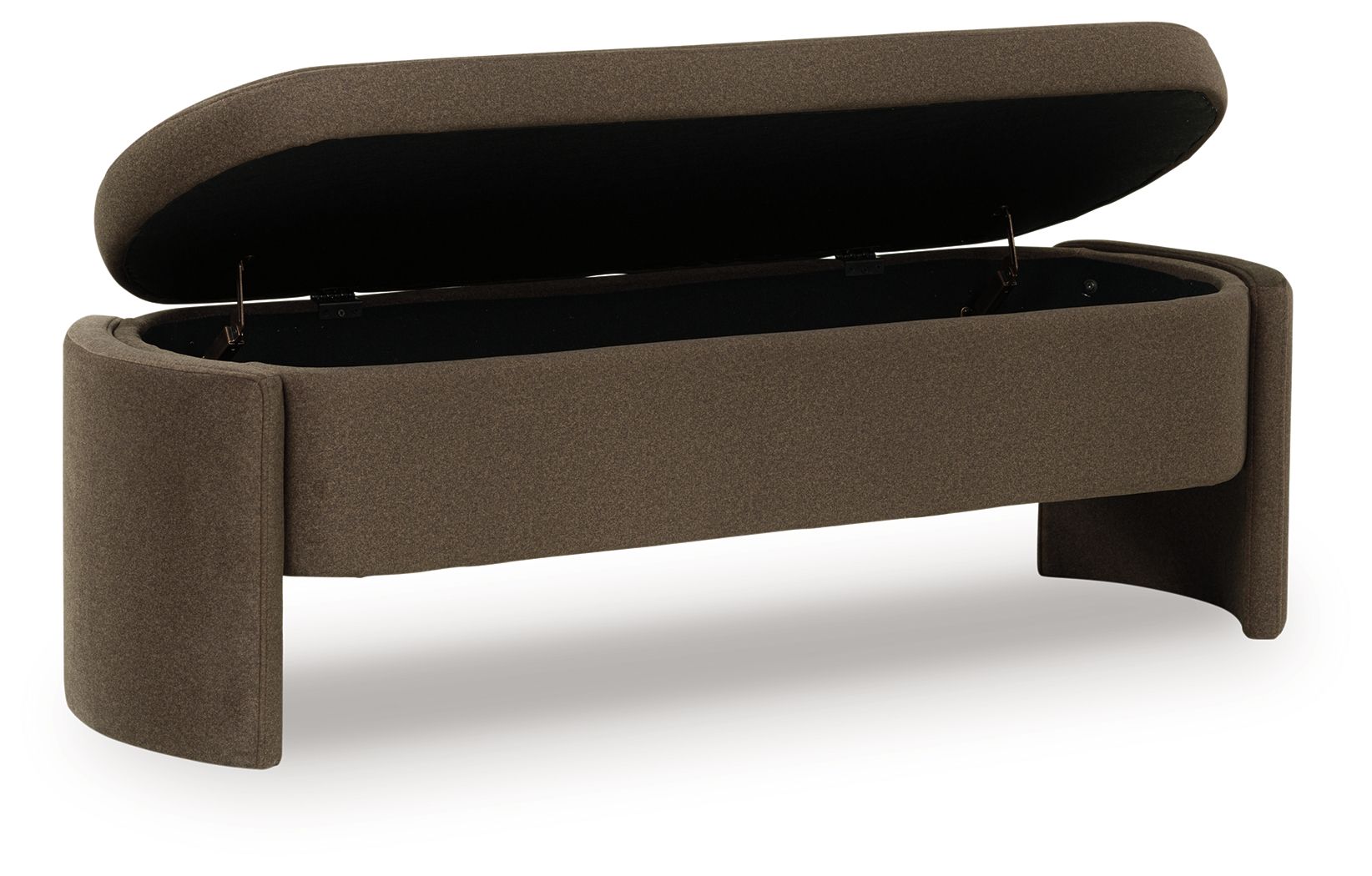Brown upholstered storage bench with open hinged lid and dark interior storage