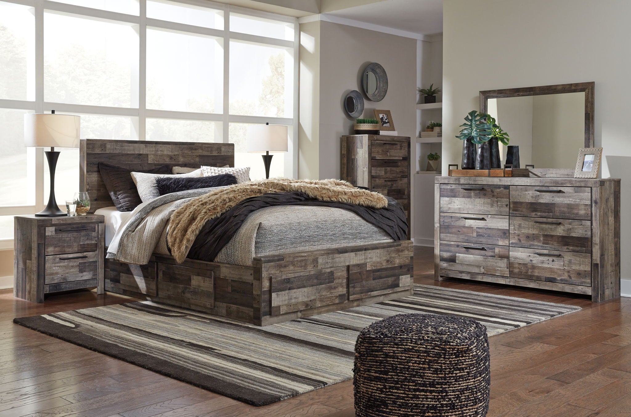 Derekson panel bedroom set with bed, matching nightstand and dresser in gray wood