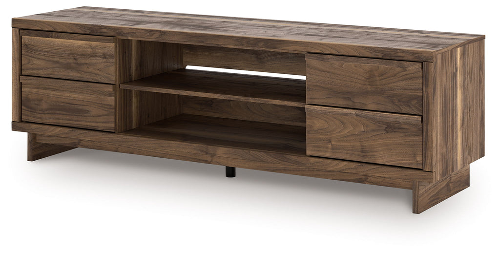 Dark brown wood TV stand with wide top and large open media area