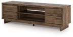Dark brown wood TV stand with wide top and large open media area