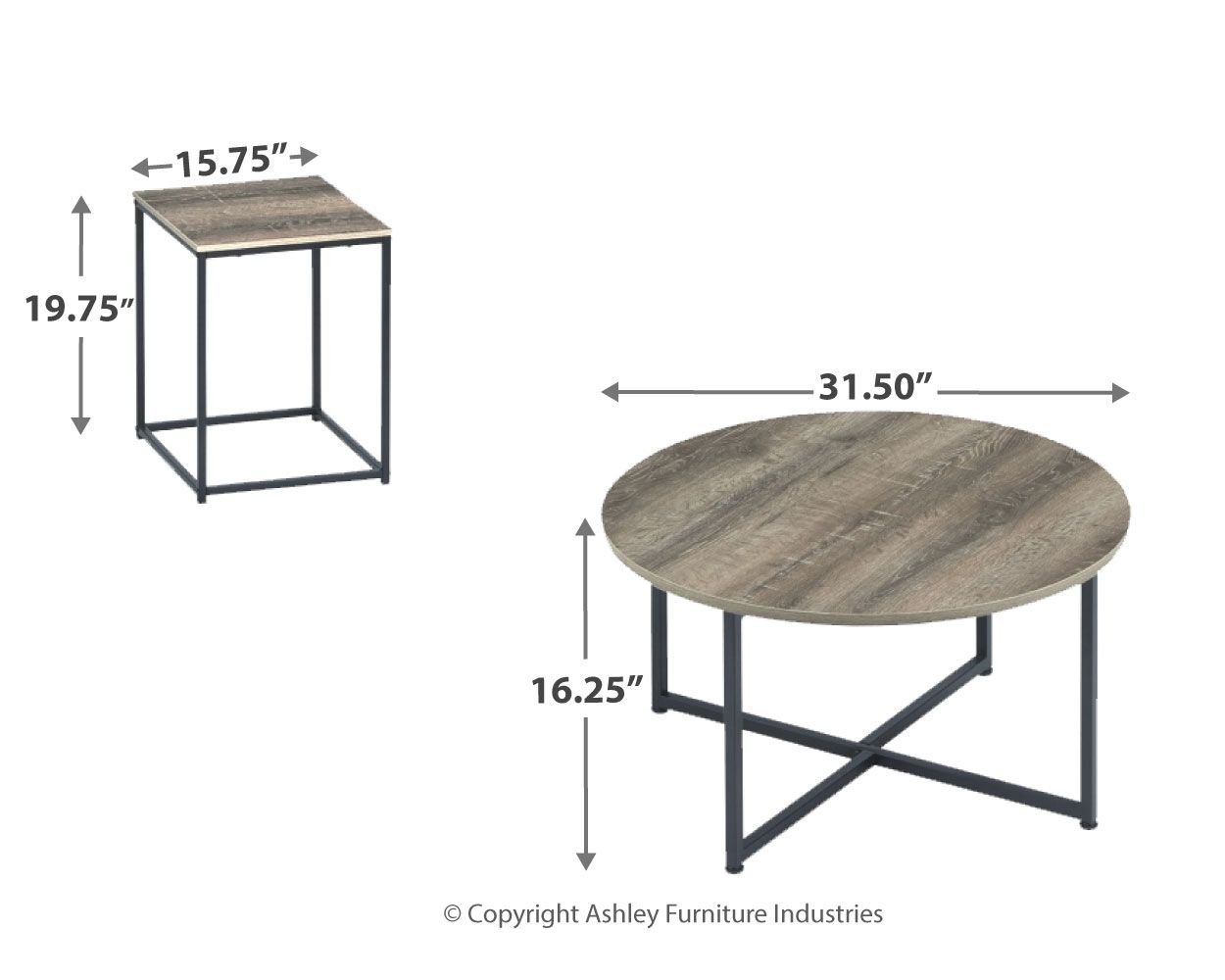 Occasional table with round top and dark metal X-style base, brown wood grain