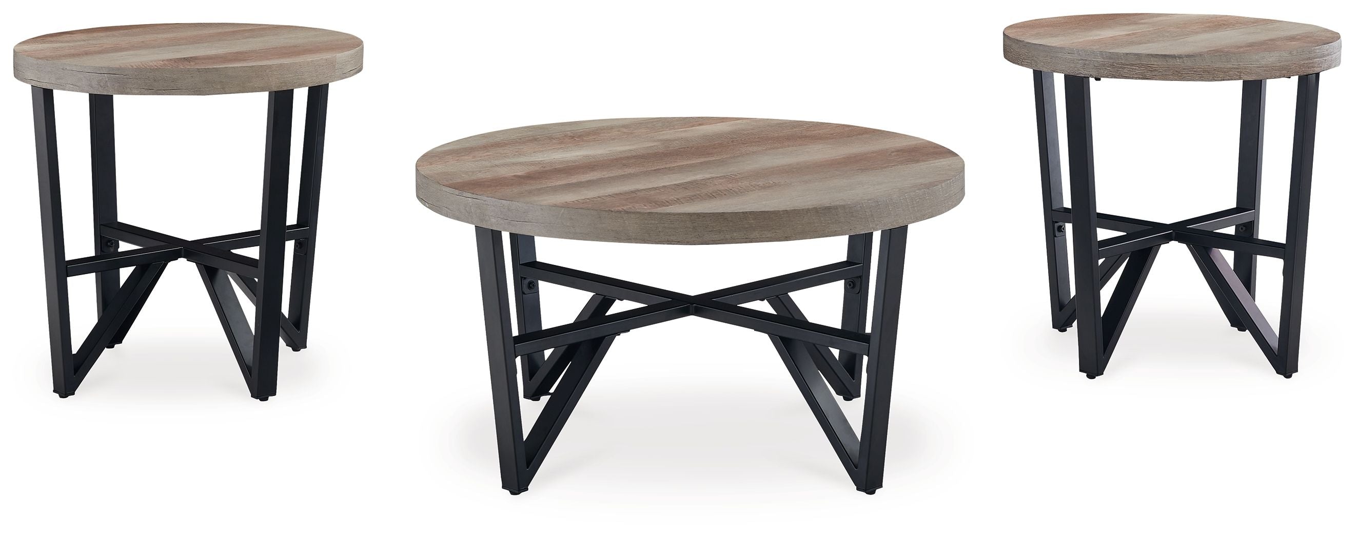 Set of 3 round tables with grayish-brown tops and black X-style supports