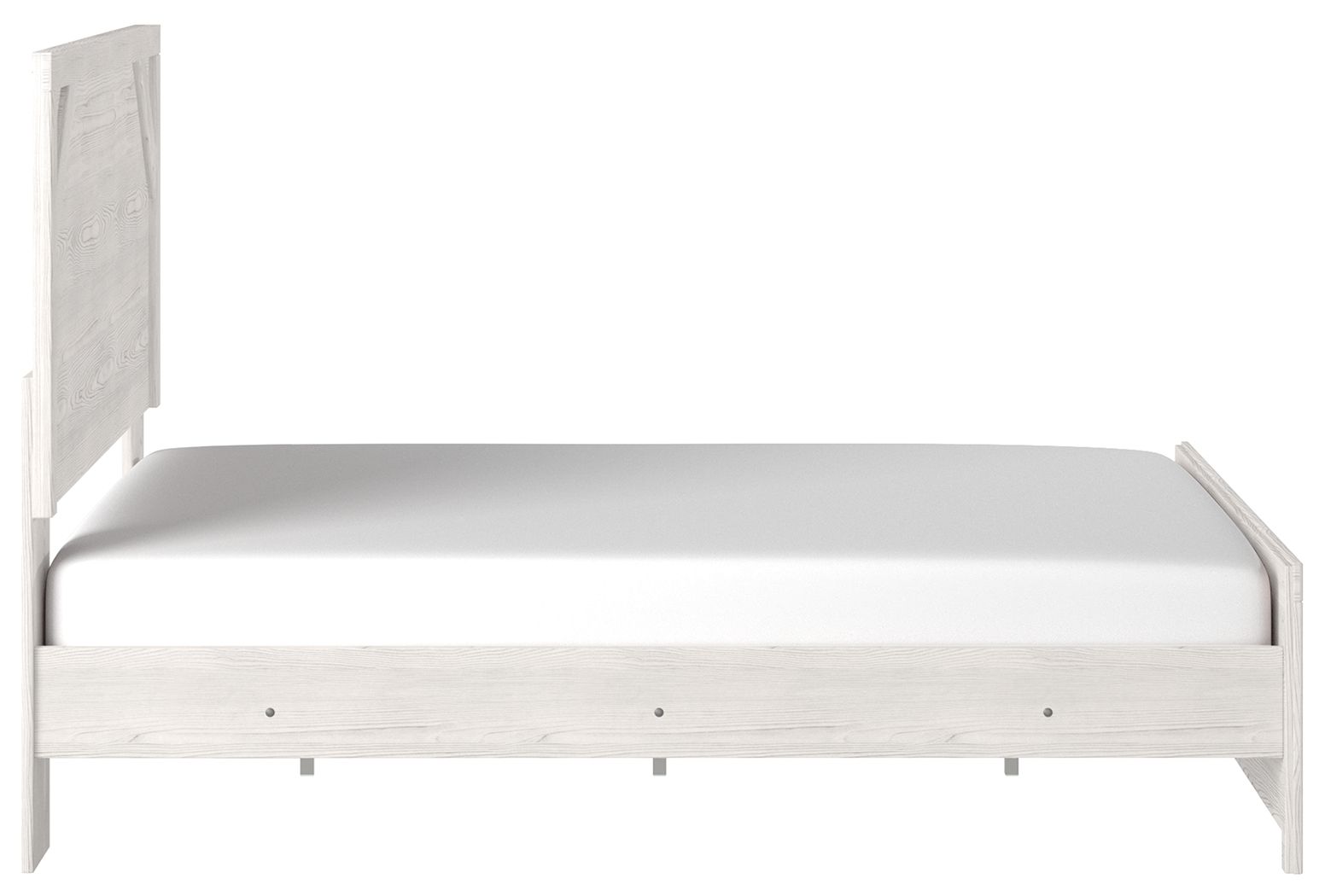 White panel bed frame with tall headboard posts and slatted side rails