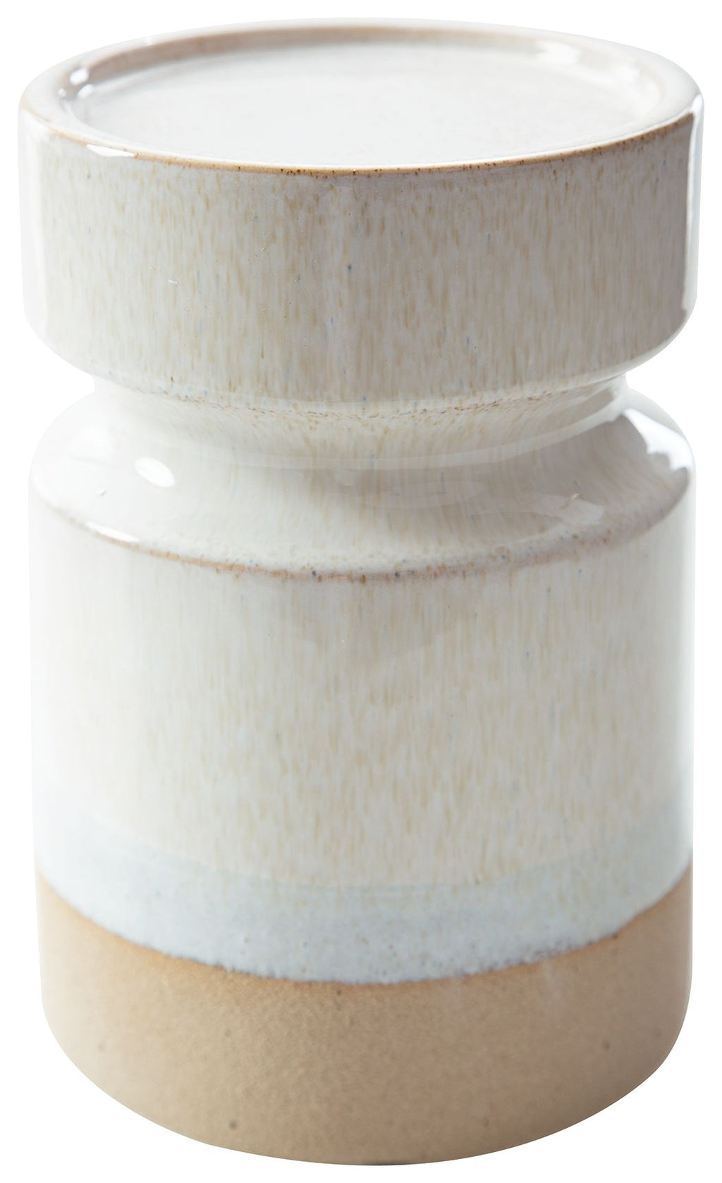 Ivory candle holder cylinder with speckled finish and light gray-blue mid band