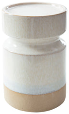 Ivory candle holder cylinder with speckled finish and light gray-blue mid band