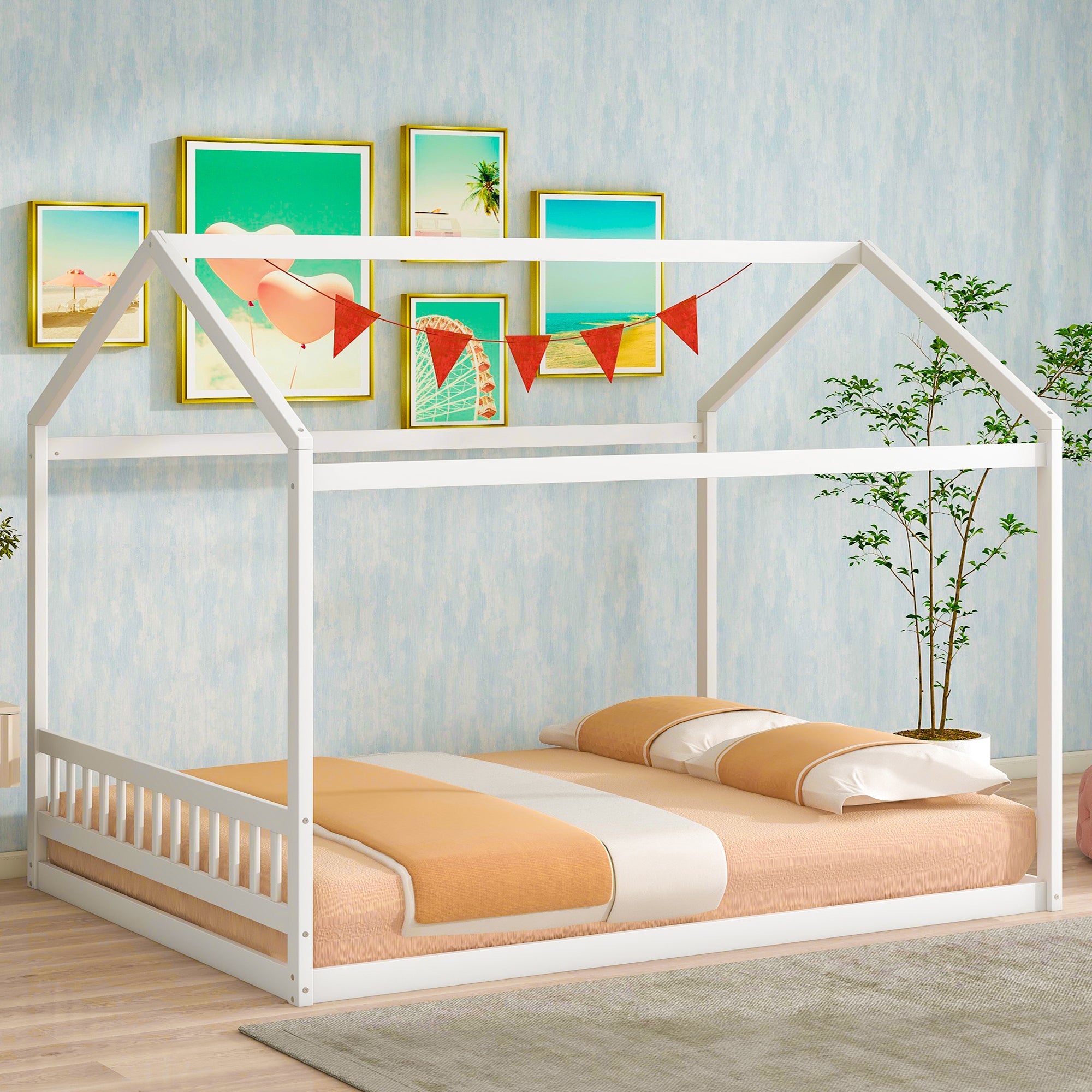Queen Size White Wooden House Bed with Headboard