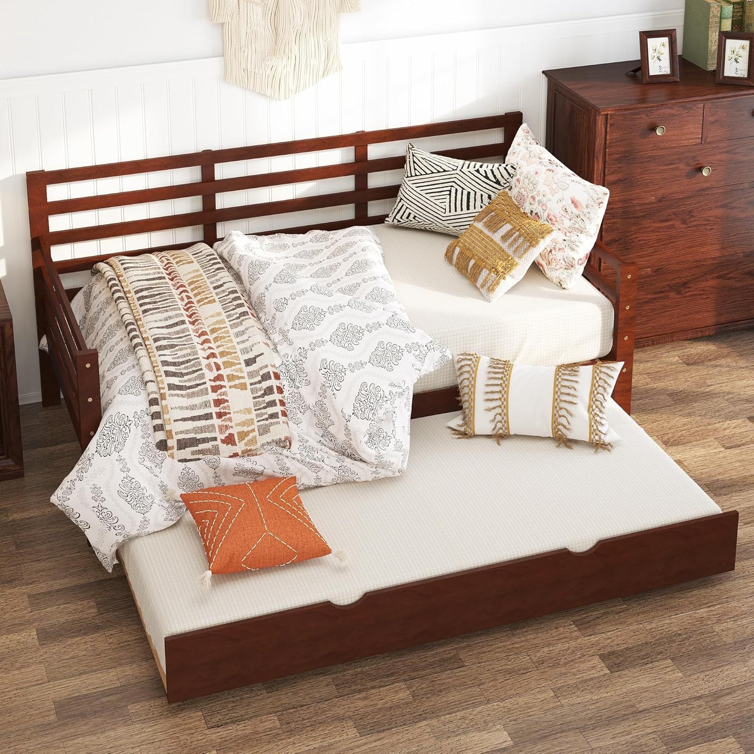 Win Daybed w/ Trundle & Guardrails - Brown Pine, 350lbs, Space-Saving