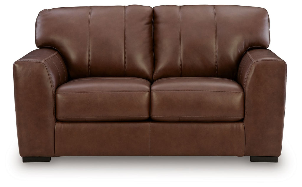 Brown leather-look loveseat with rounded armrests and two seat cushions