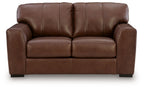 Brown leather-look loveseat with rounded armrests and two seat cushions