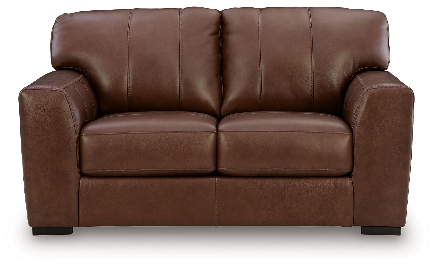 Brown leather-look loveseat with rounded armrests and two seat cushions