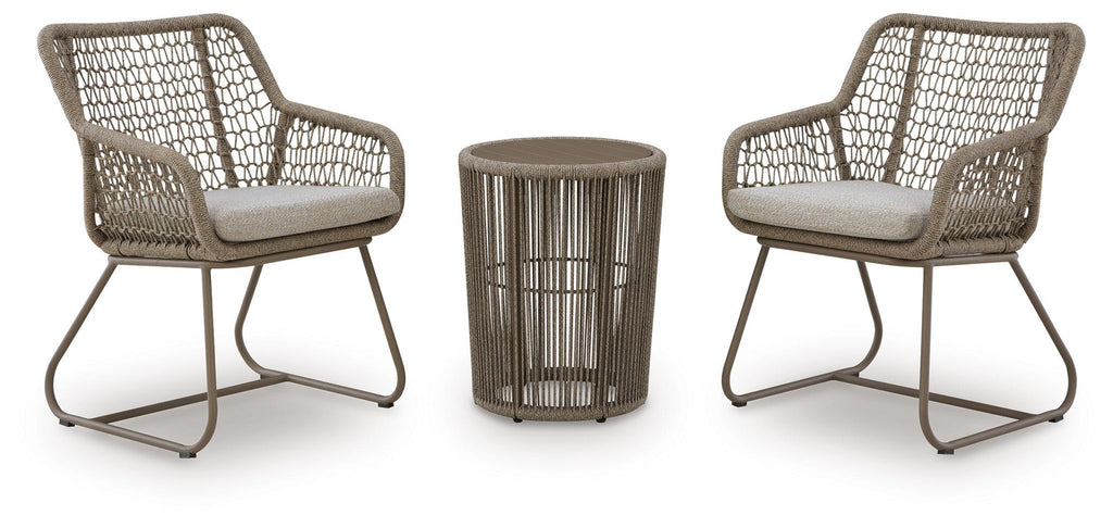 Beige outdoor table and 2 chairs set with mesh-backed chairs and round side table