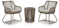 Beige outdoor table and 2 chairs set with mesh-backed chairs and round side table