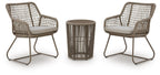 Beige outdoor table and 2 chairs set with mesh-backed chairs and round side table