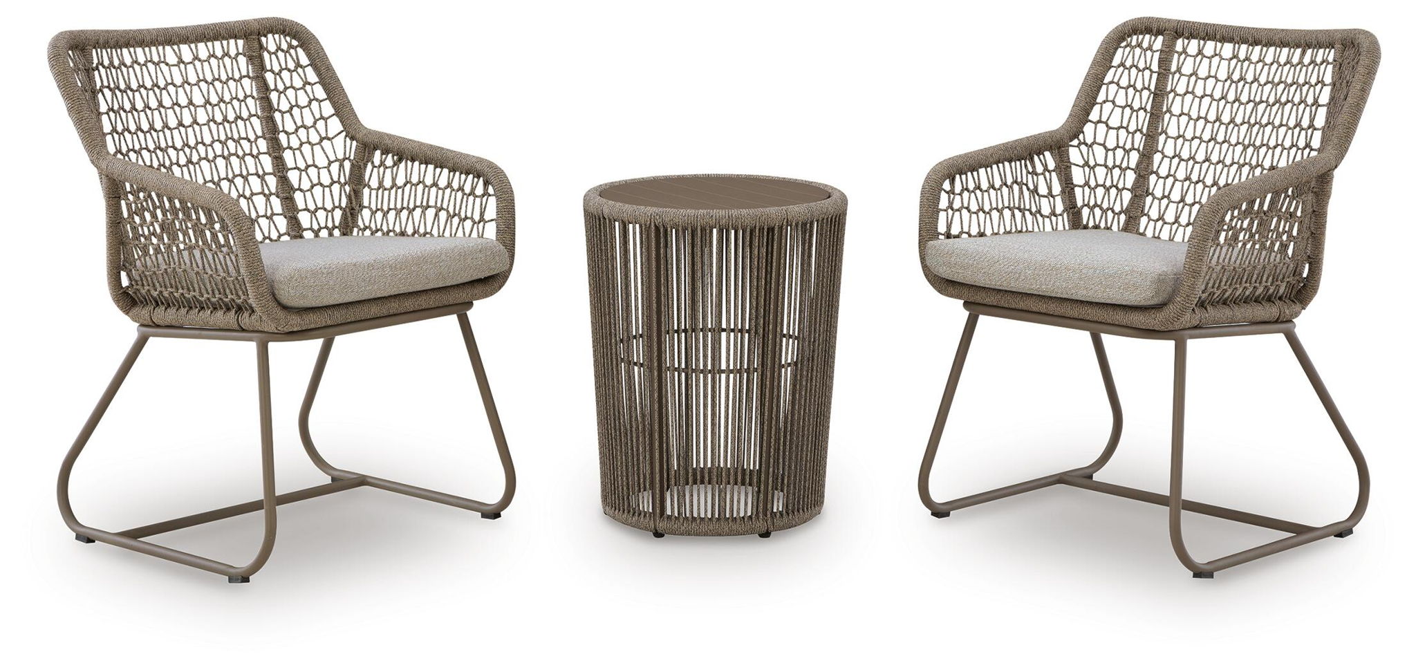 Beige outdoor table and 2 chairs set with mesh-backed chairs and round side table