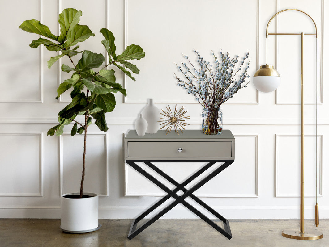 Koda 23" TaupeWooden End Side Table Nightstand Glass Top Drawer