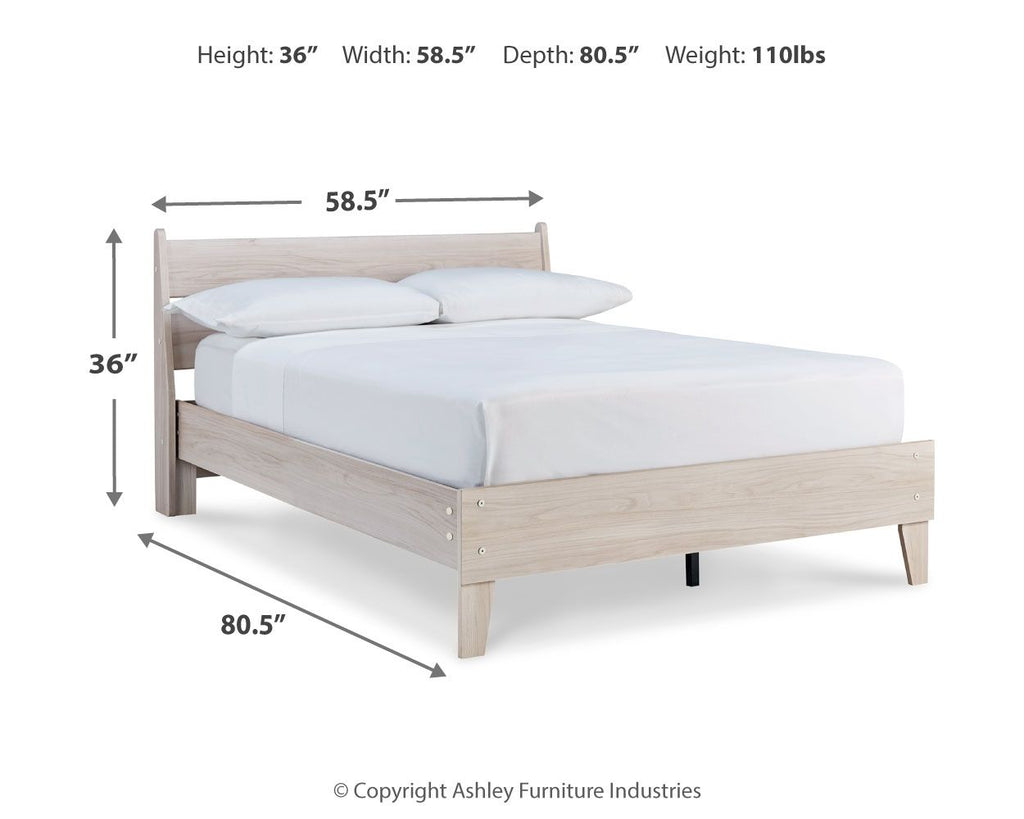 Light wood panel platform bed frame with headboard and slatted panels
