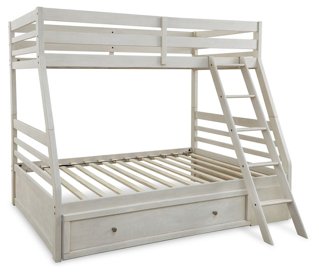 White bunk bed frame with slatted platforms, storage drawer, and ladder