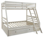 White bunk bed frame with slatted platforms, storage drawer, and ladder