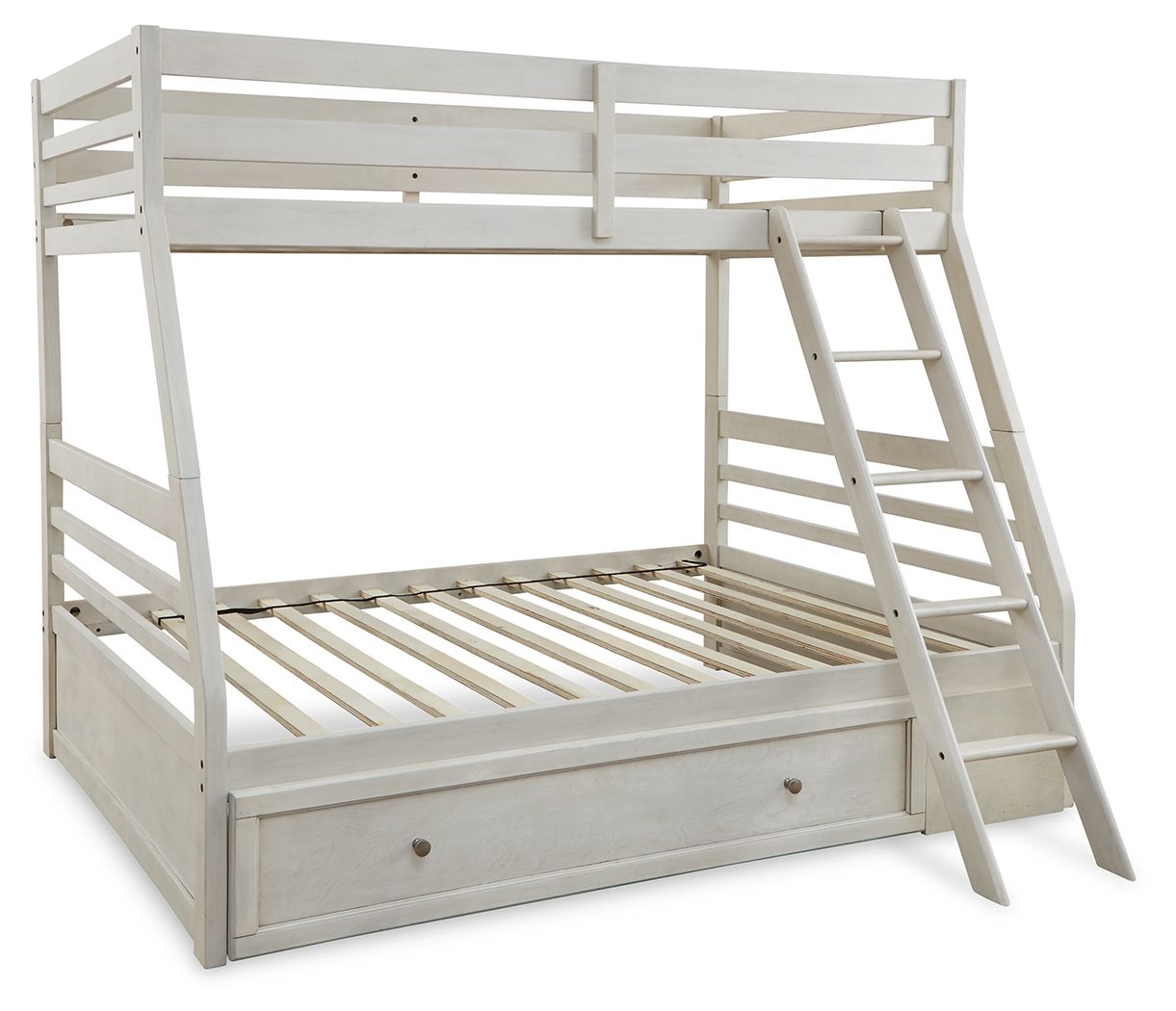 White bunk bed frame with slatted platforms, storage drawer, and ladder