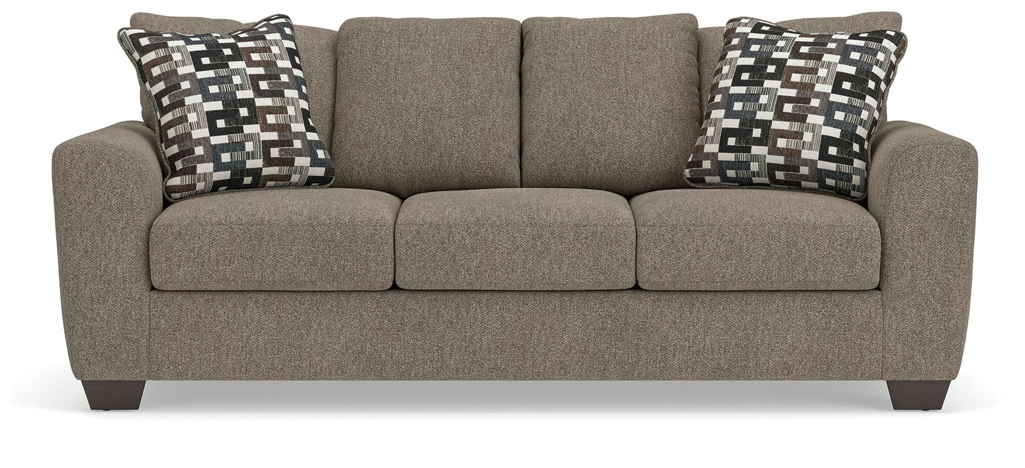 Gray queen sofa sleeper with three seat cushions and two patterned back pillows