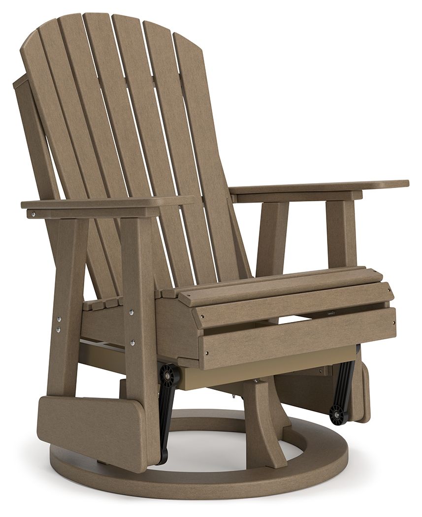 Dark brown swivel glider chair with slat back, armrests, and wide front seat platform.