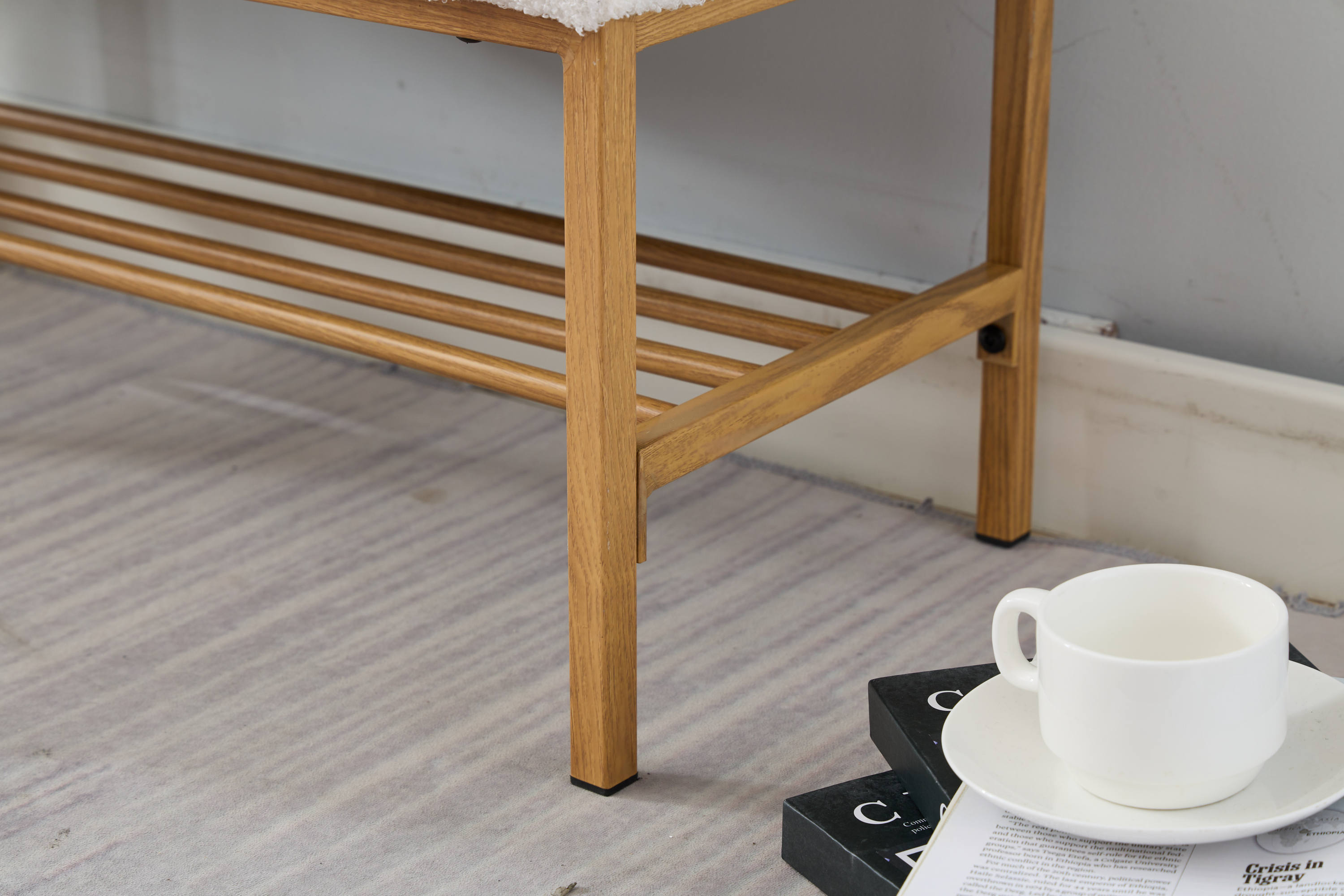 Upholstered Storage Bench with Shelf - Linen White