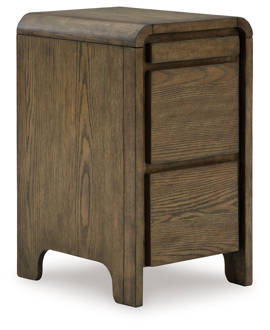 Brown wooden accent table with arched cabinet door and tapered legs