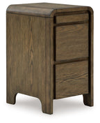 Brown wooden accent table with arched cabinet door and tapered legs