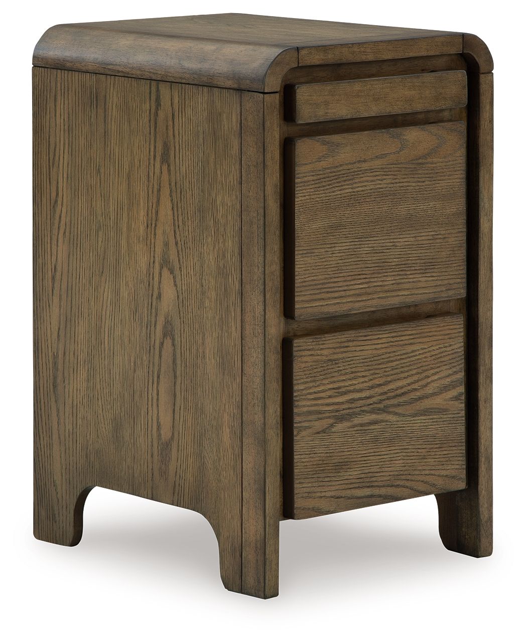 Brown wooden accent table with arched cabinet door and tapered legs