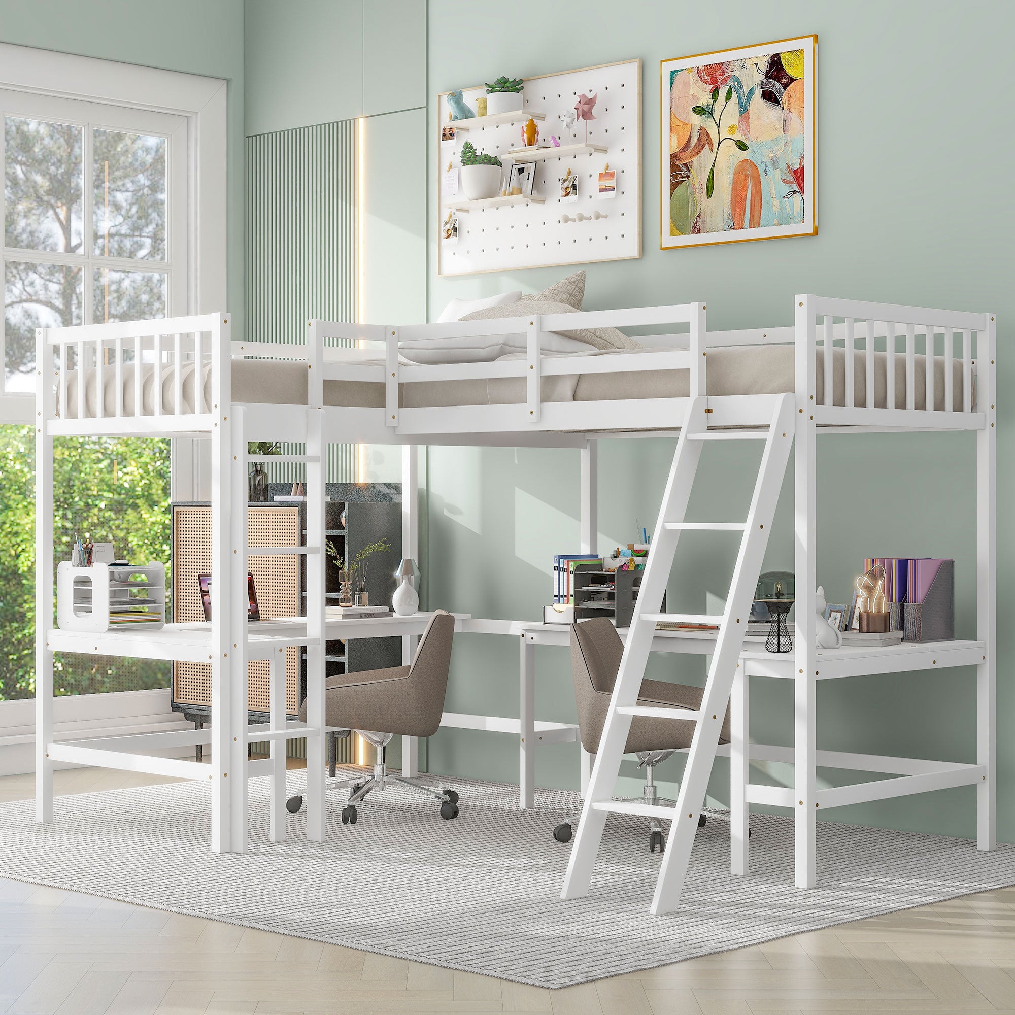 White Wood Twin L-Shaped Loft Bed with Ladder & 2 Desks