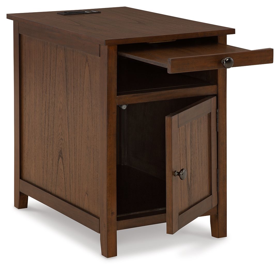 Chair-side end table, dark brown wood grain, drawer and cabinet door