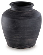 Black ceramic vase with textured surface and wide top opening