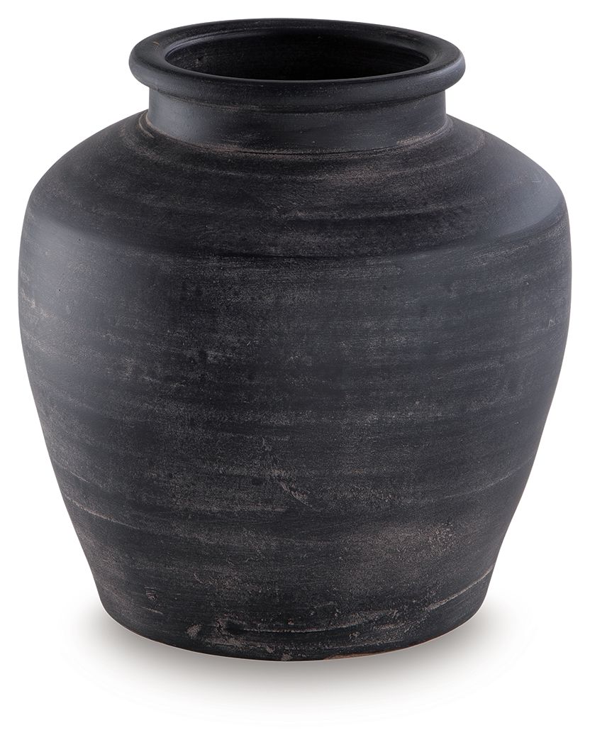 Black ceramic vase with textured surface and wide top opening