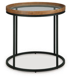 Round side table with clear glass top, light brown wood rim, black metal frame and circular base