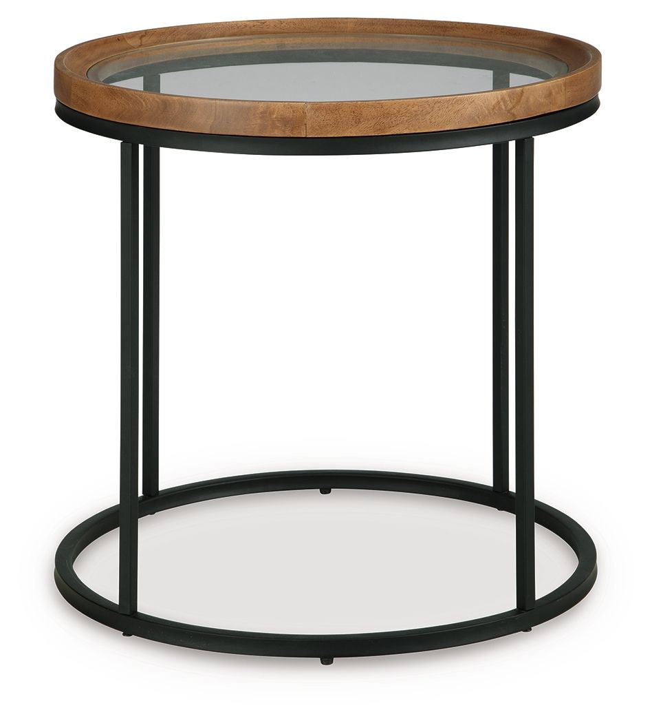 Round side table with clear glass top, light brown wood rim, black metal frame and circular base