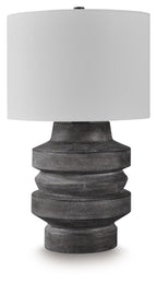 Distressed black poly table lamp with white fabric drum shade