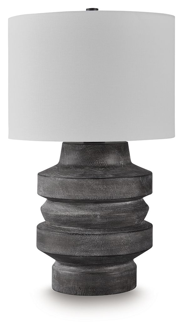 Distressed black poly table lamp with white fabric drum shade