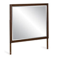 Bedroom mirror with brown rectangular frame and reflective glass, standing on two legs