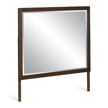 Bedroom mirror with brown rectangular frame and reflective glass, standing on two legs