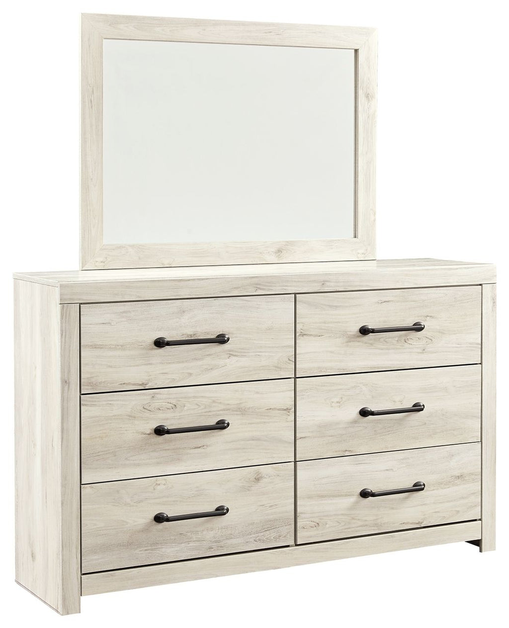 Beige dresser with attached mirror and four drawers, black bar pulls