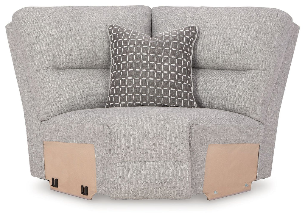 Pewter gray upholstered wedge seat with two-tone arm panels and patterned throw pillow