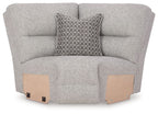 Pewter gray upholstered wedge seat with two-tone arm panels and patterned throw pillow