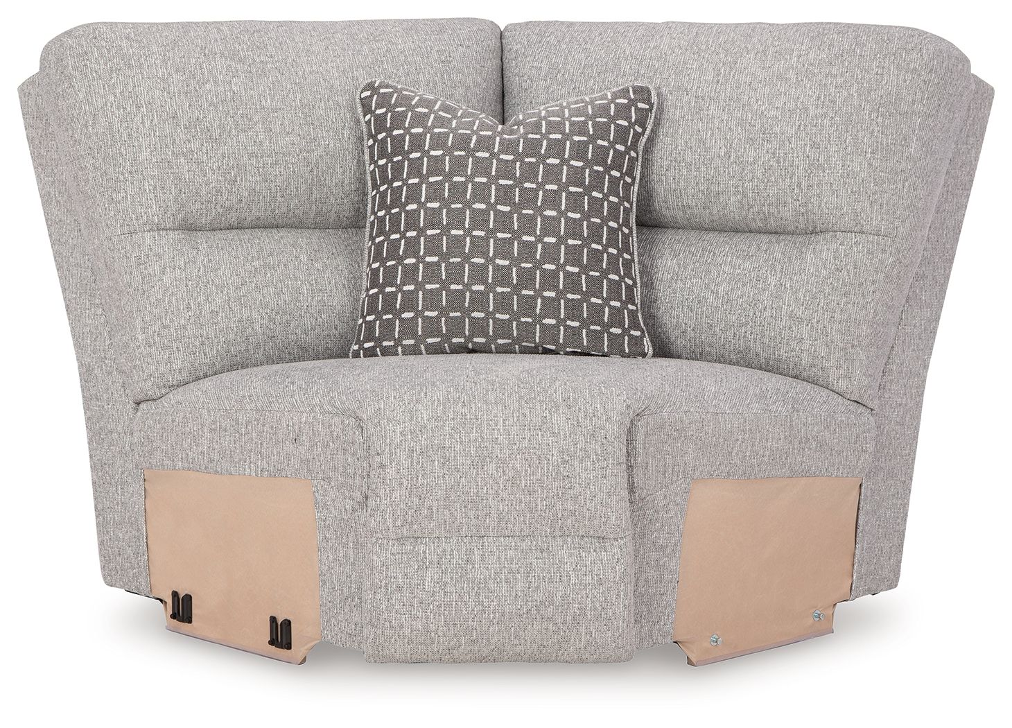 Pewter gray upholstered wedge seat with two-tone arm panels and patterned throw pillow