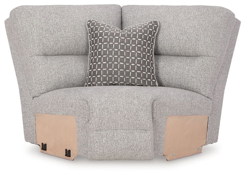 Pewter gray upholstered wedge seat with two-tone arm panels and patterned throw pillow