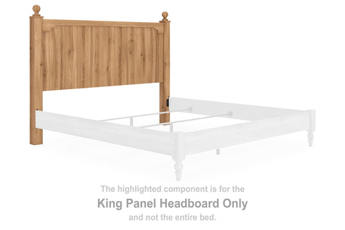 Warm brown wood king panel headboard with vertical slats and round finials