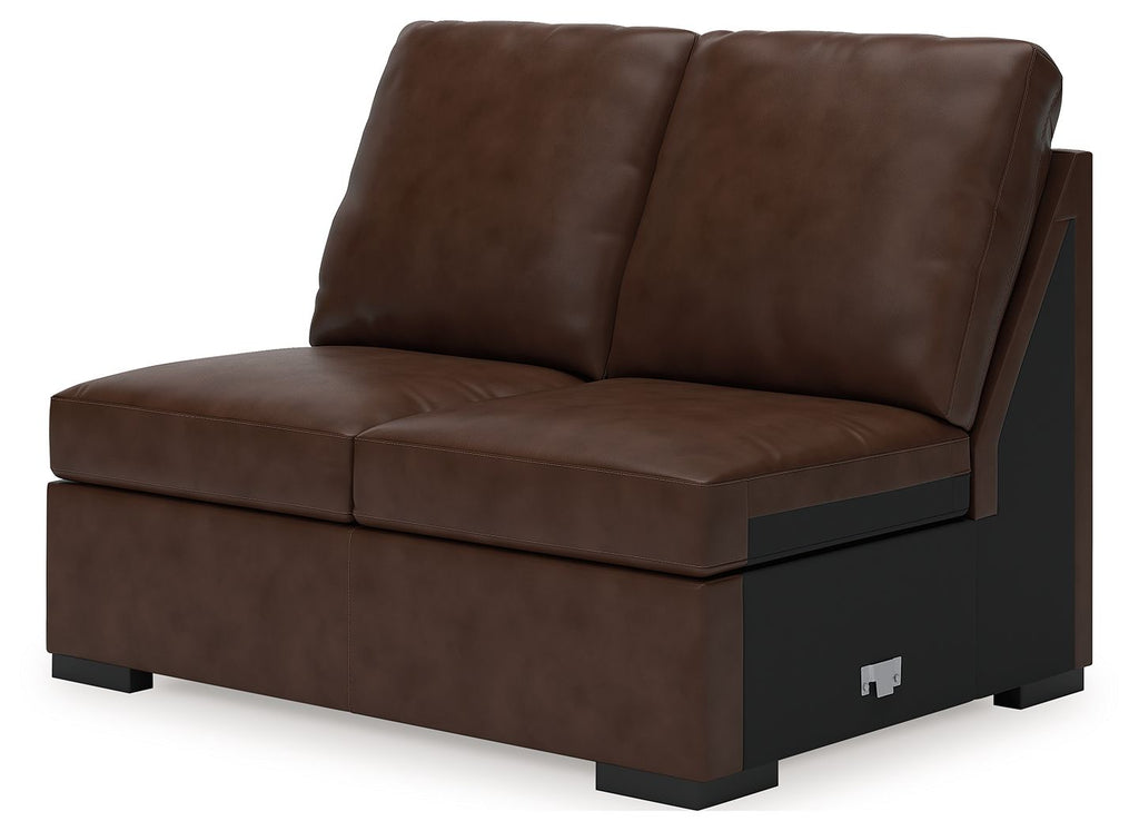 Coffee-brown armless loveseat with padded seat, two back cushions, black base