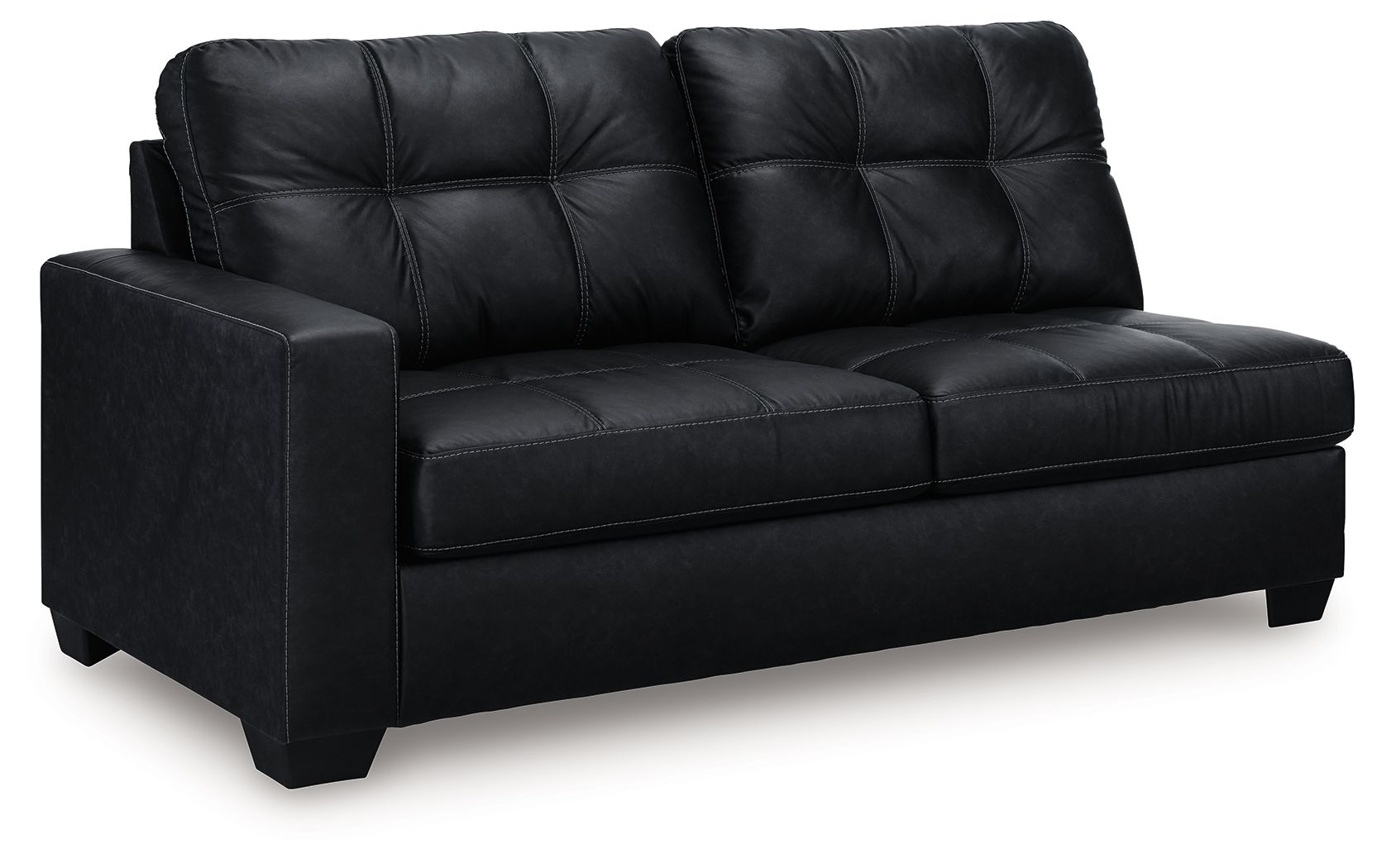 Dark carbon sofa with tufted back, rolled arms, and two-seat design