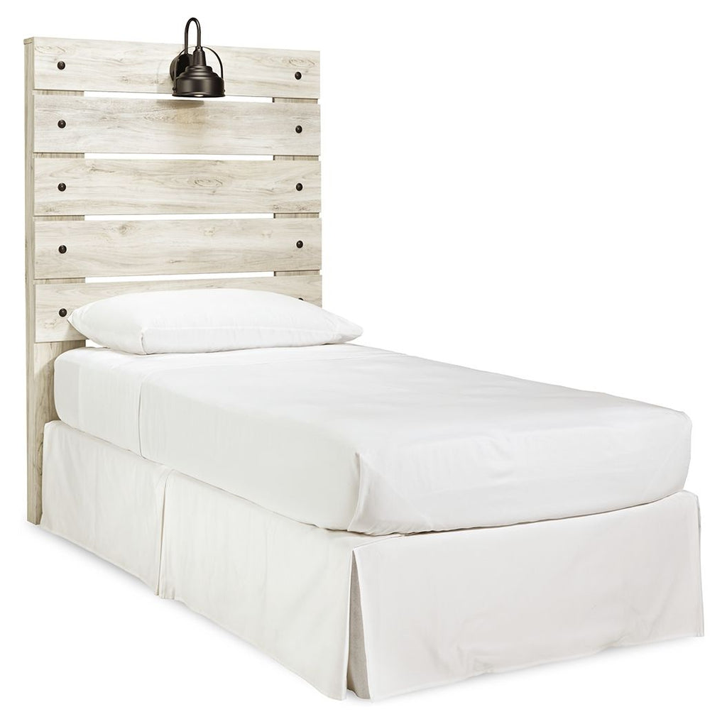 Beige panel headboard with horizontal slats and metal mounting studs