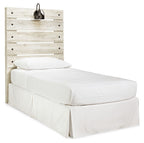 Beige panel headboard with horizontal slats and metal mounting studs