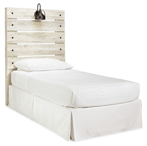 Beige panel headboard with horizontal slats and metal mounting studs